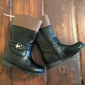 Michael Kors Kids Black Brown MK Logo Buckle Zip Riding Boots Size 7 Toddler